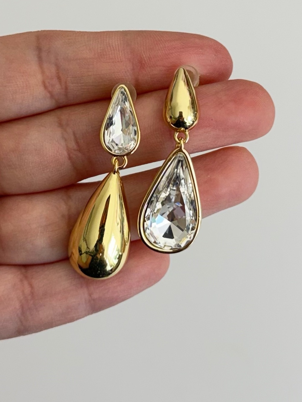Gold & Crystal Teardrop Statement Earrings – Asymmetrical Drop Earrings - Picture 10 of 11